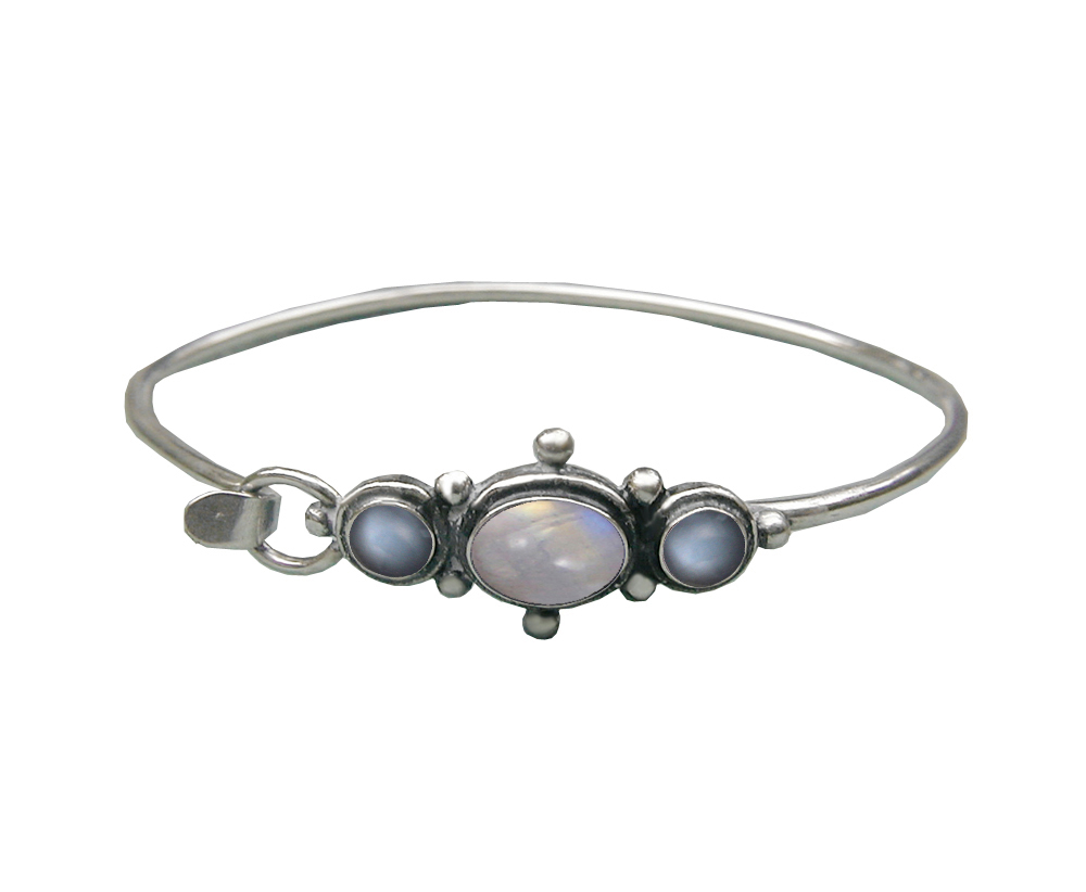 Sterling Silver Strap Latch Spring Hook Bangle Bracelet Rainbow Moonstone And Grey Moonstone